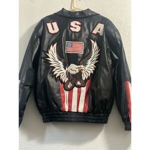 Leather USA‎ SZ LG Jacket Motorcyle Black American Eagle Flag Red Biker America